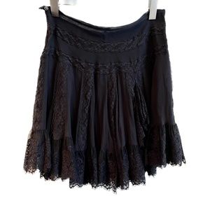 Black Silk and Lace Ruffled Skirt with Silk lining and jewelry-like button